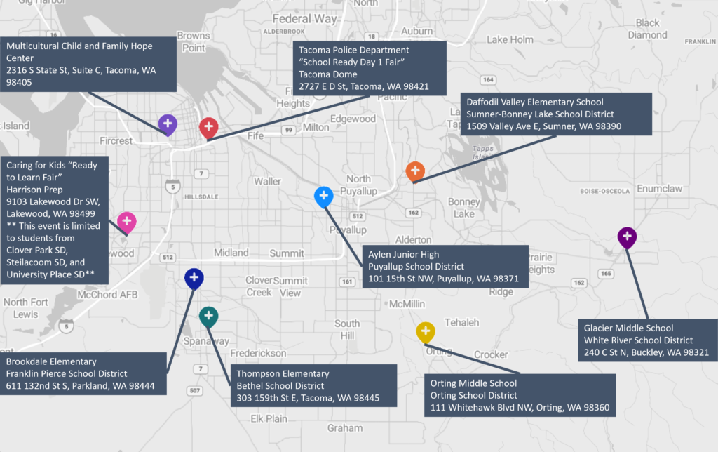 Map of Bessler Center, Acts Pharmacy, and MRC Vaccine clinics, including site name and address. All clinic specifics, including dates, listed below in text.